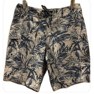 Volcom Navy and Beige Leaf Print Board Shorts 29